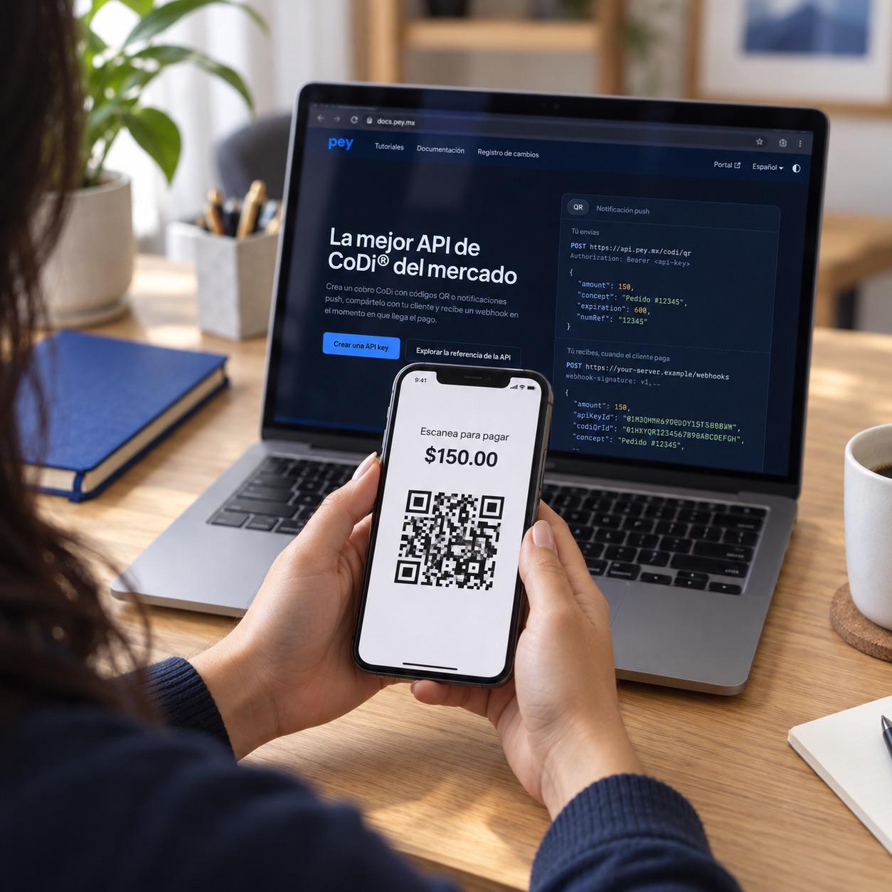 Un desarrollador prueba una integración entre su computadora y un celular.