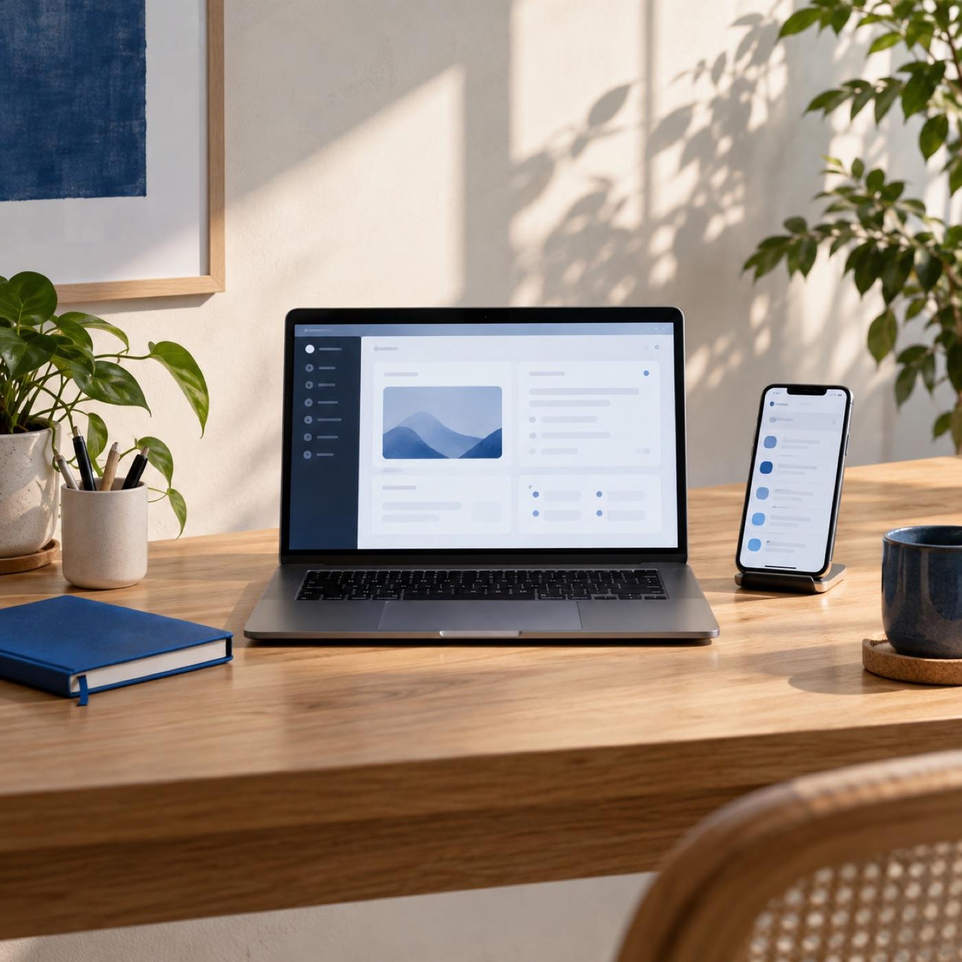Una computadora y un celular sobre una mesa de trabajo.